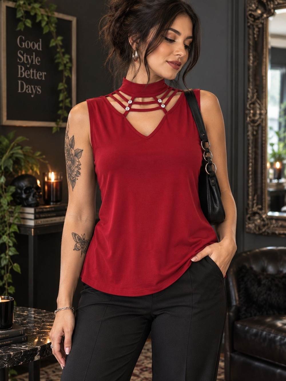 Atelier 29 Red Strappy Choker Cage Rhinestone Mock-Neck Sleeveless Top Medium
